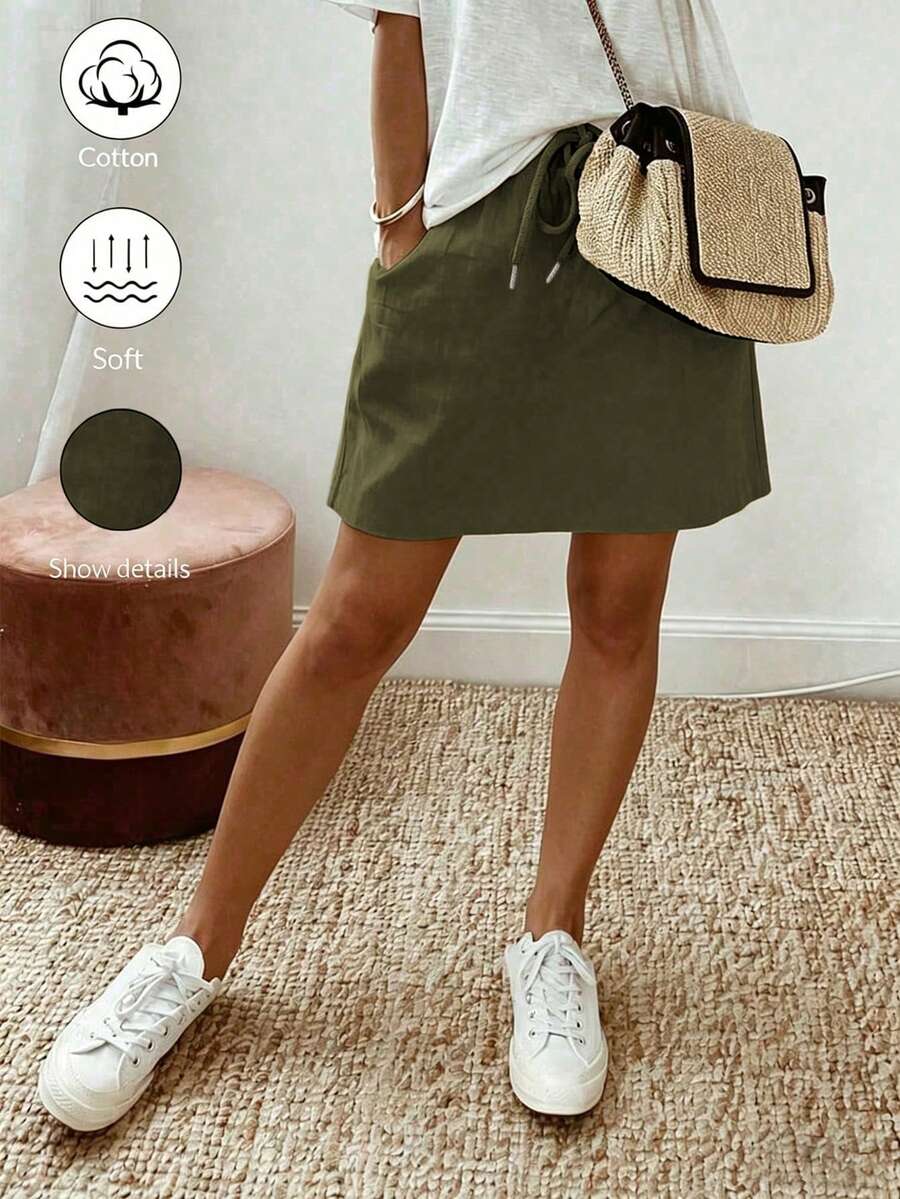 SHEIN Holidaya 女款休閒基礎款鬆緊腰綁帶A字裙,秋季、假期、聖約翰節、優雅、派對野餐希臘度假、海灘,橄欖綠 - 軍綠色 - 查看 1