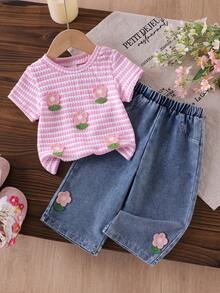 SHEIN Playful Pals 嬰兒/幼兒（女童）粉色針織提花短袖T恤上衣與藍色牛仔長褲花卉套裝，時尚休閒蝴蝶結套裝 - 粉色 - 查看 4