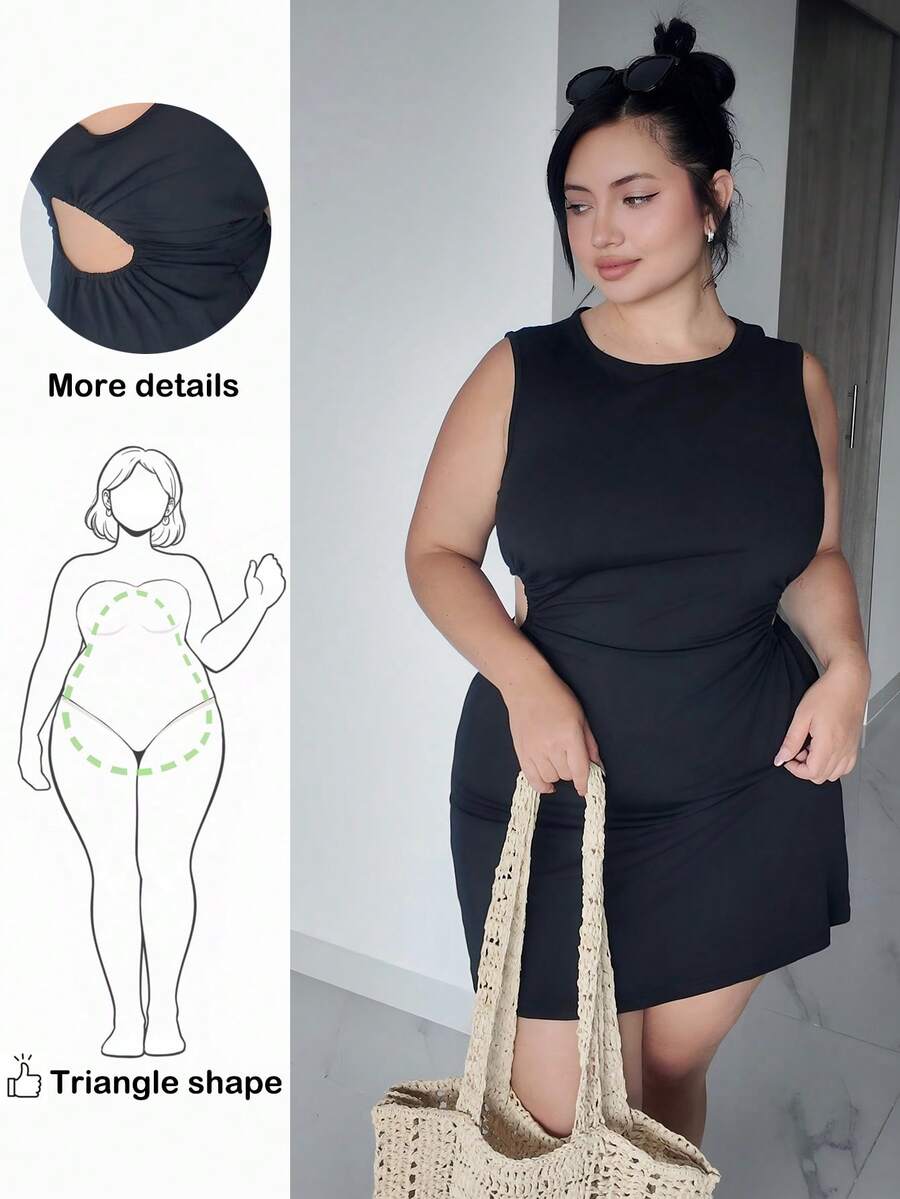 Hourglow Plus Size Black Knitted Sleeveless Dress, For Hourglass Body Shape - Black - View 1