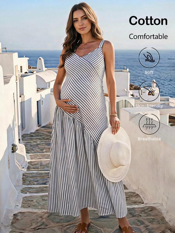 Boho Mama Maternity Striped Casual Spaghetti Strap Vacation Dress Boho Summer Outfits  Casual Baby Shower Outfits  Elegant Dresses