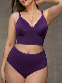 SHEIN Plus Size Minimalist Padded Sexy Lingerie Set, Lift - Purple - View 6