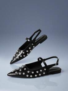 CUCCOO GRLICON Black Rivet Pointed Double Strap Flats, Retro Style Buckle Low Heel Low Vamp Rear Strap Women's Shoes - Black - View 3