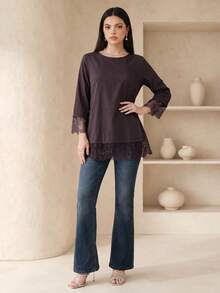 Veilorie Áo top 2 trong 1 phối ren phong cách thường ngày - màu nâu - Xem 6