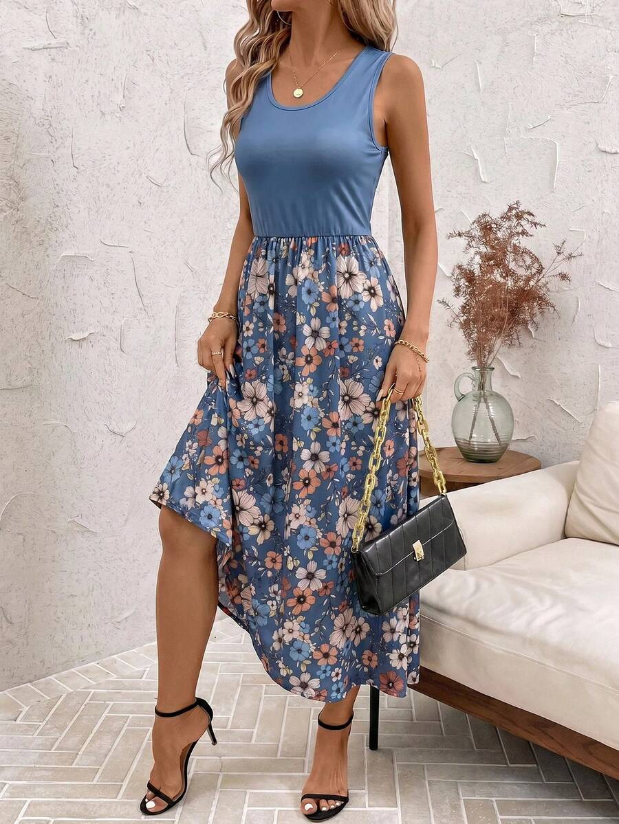 SHEIN Clasi 女款夏季休閒波西米亞風花卉印花拼接中長洋裝 鄉村風休閒度假洋裝 藍色花卉 - 彩色 - 查看 1