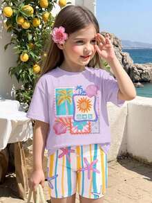 Conjunto de camisetas casuales de manga corta y hombros caídos, sueltas y versátiles para niñas preadolescentes, para el verano - Multicolor - View 3