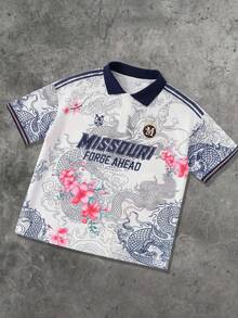 ROMWE MEN Street Life 青少年男孩街頭風龍圖案 Polo 衫，適合日常穿著，春夏風格 - 彩色 - 查看 1