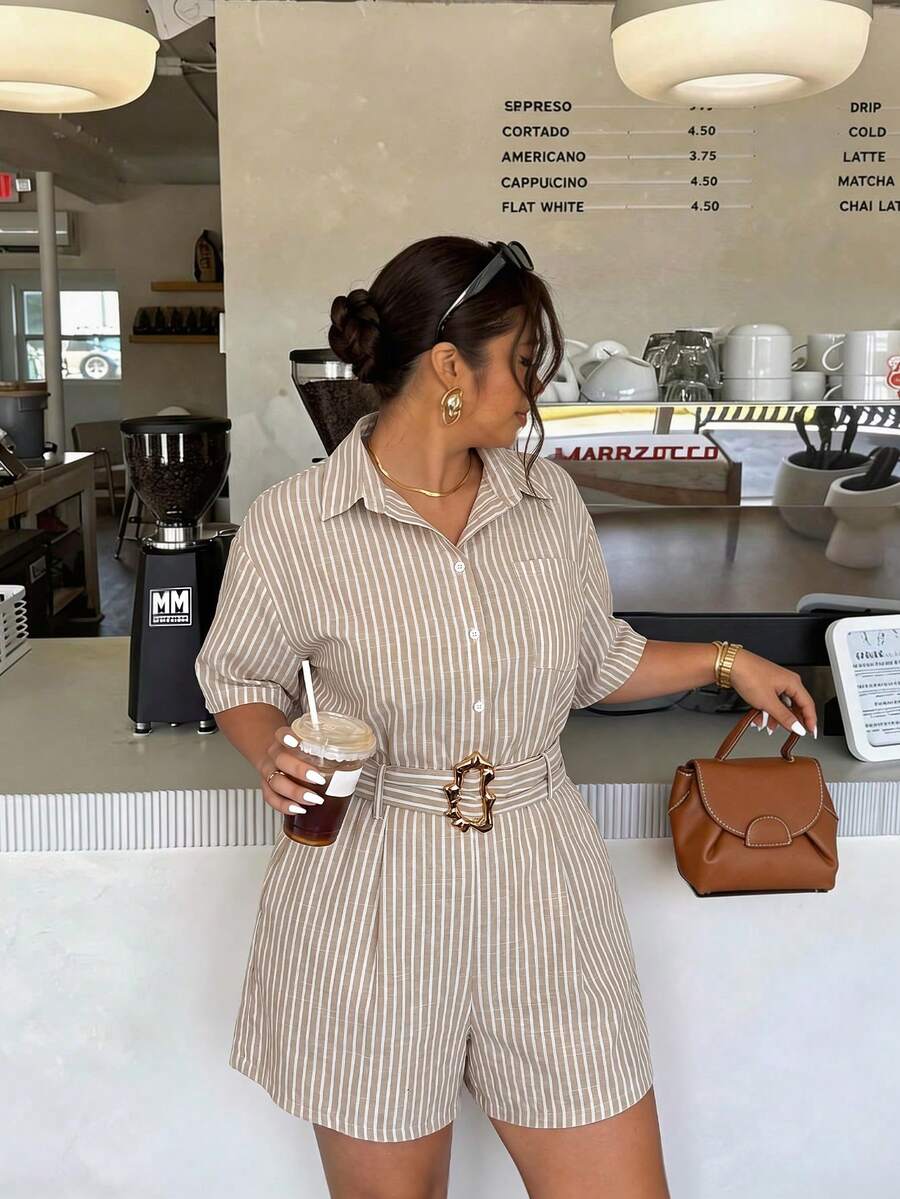 Firerie Plus Size Summer Casual Striped Romper Elegant Office Business Work Jumpsuit For Women Casual Brown Striped Jumpsuit Daily Elegant Going Out Jumpsuit - Multicolor - View 1