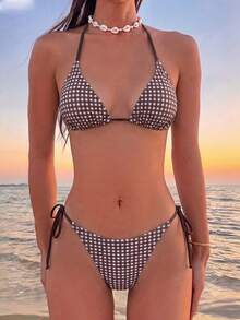 Swim Vcay 女款夏季海灘格紋掛脖綁帶性感比基尼三角褲兩件式泳衣套裝 - 彩色 - 查看 1