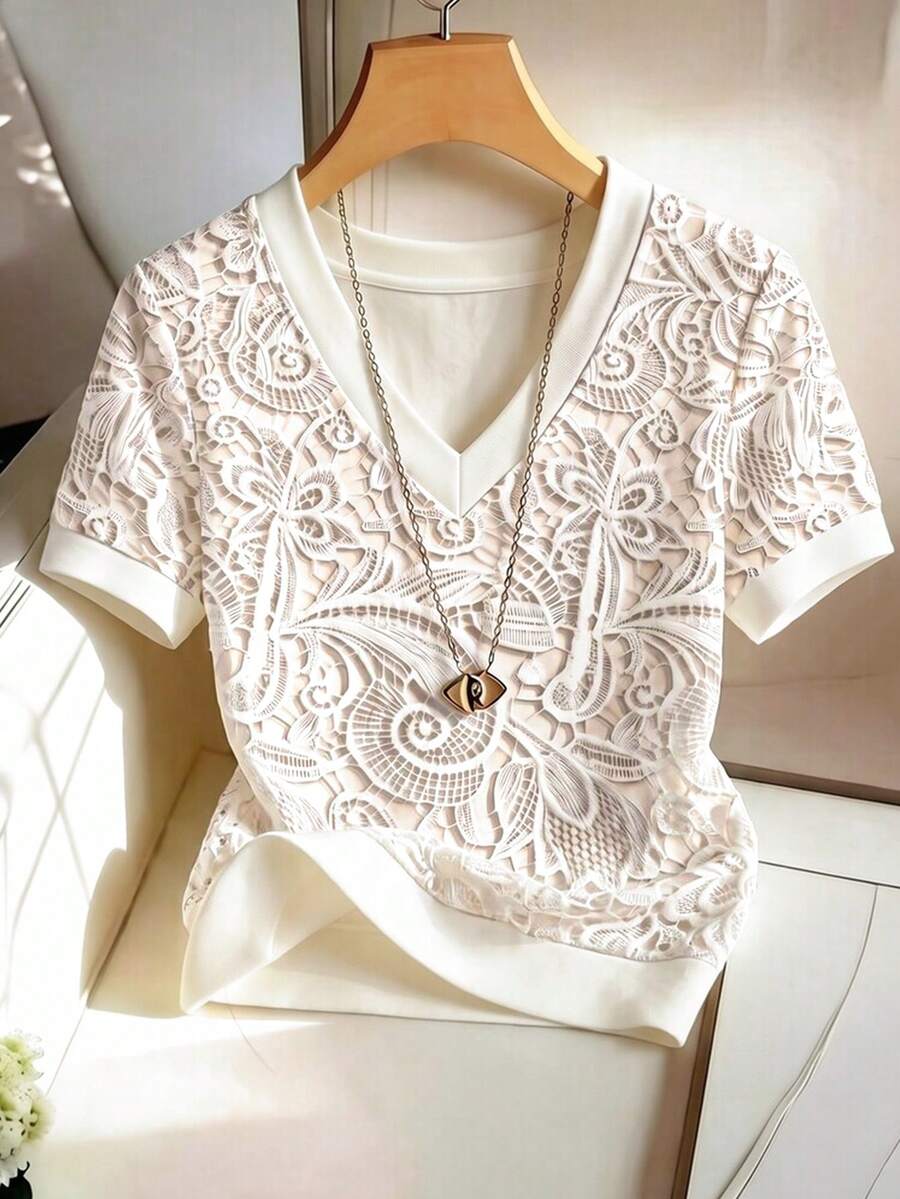 SHEIN Franclia Summer Casual Faux Lace Print V-Neck Contrast Color T-Shirt - Apricot - View 1