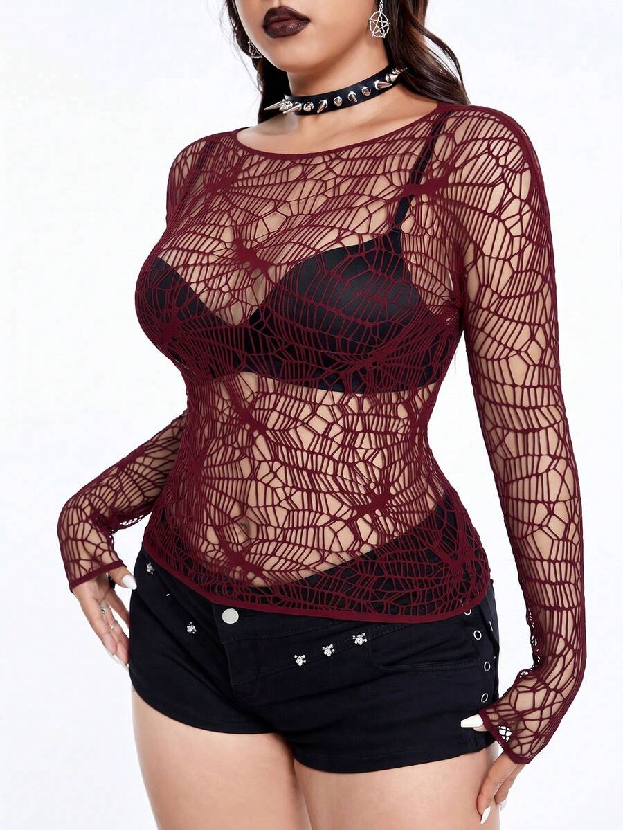 Whyspr Women's Plus Size Spider Web Asymmetrical Hollow Out Long Sleeve Sexy Top Fall - Burgundy - View 1