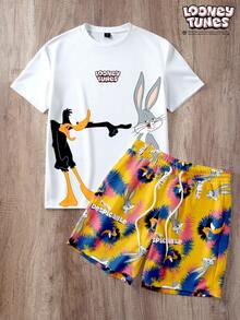 LOONEY TUNES X SHEIN Manfinity Joysei 男士大尺碼字母印花短袖T恤與抽繩腰短褲休閒套裝 - 白色 - 查看 5