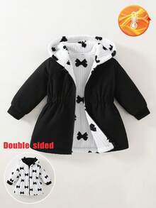 SHEIN Playful Pals Reversible Baby Girl Autumn/Winter Bow Plush Flannel All-Match Versatile Casual Thickened Waist-Cinching Long Coat Warm Jacket - Black and White - View 4