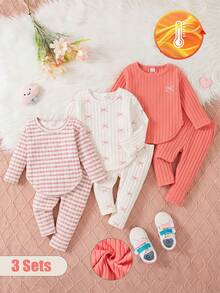 SHEIN Playful Pals Baby Girl Bow Print, Striped, Solid Color Long Sleeve Set - Pink - View 1