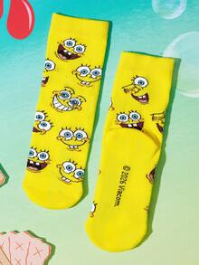 SpongeBob SquarePants | SHEIN 2雙純棉可愛卡通圖案兒童中筒襪，男女通用，襪跟加強耐磨 - 黃色 - 查看 5