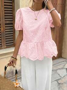 SHEIN LUNE 女款休閒刺繡夏季度假通勤日常基礎時尚外出穿搭 花瓣袖短袖收腰可愛襯衫 - 粉色 - 查看 3