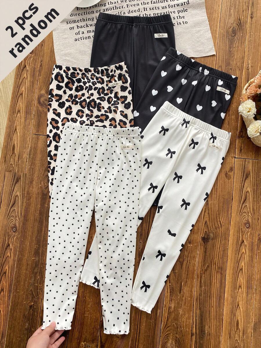 Souflis Souflis 5pcs Random 2pcs Spring Summer All Season Girls Polka Dot Heart Leopard Print Sweet Cute Versatile Soft Comfortable Ribbed Ribbed Knit Leggings Set - Multicolor - View 1