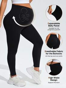 SHEIN Maternity Solid Color High Waist Daily Fitness Sports Leggings - Black - View 3