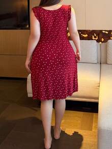 Dazy Plus Plus Size Elastic Fitted Minimalist Sexy Elegant Frill Trim Ditsy Floral All-Over Short Red Spring/Summer Sleeveless Nightgown Pajamas - Burgundy - View 4
