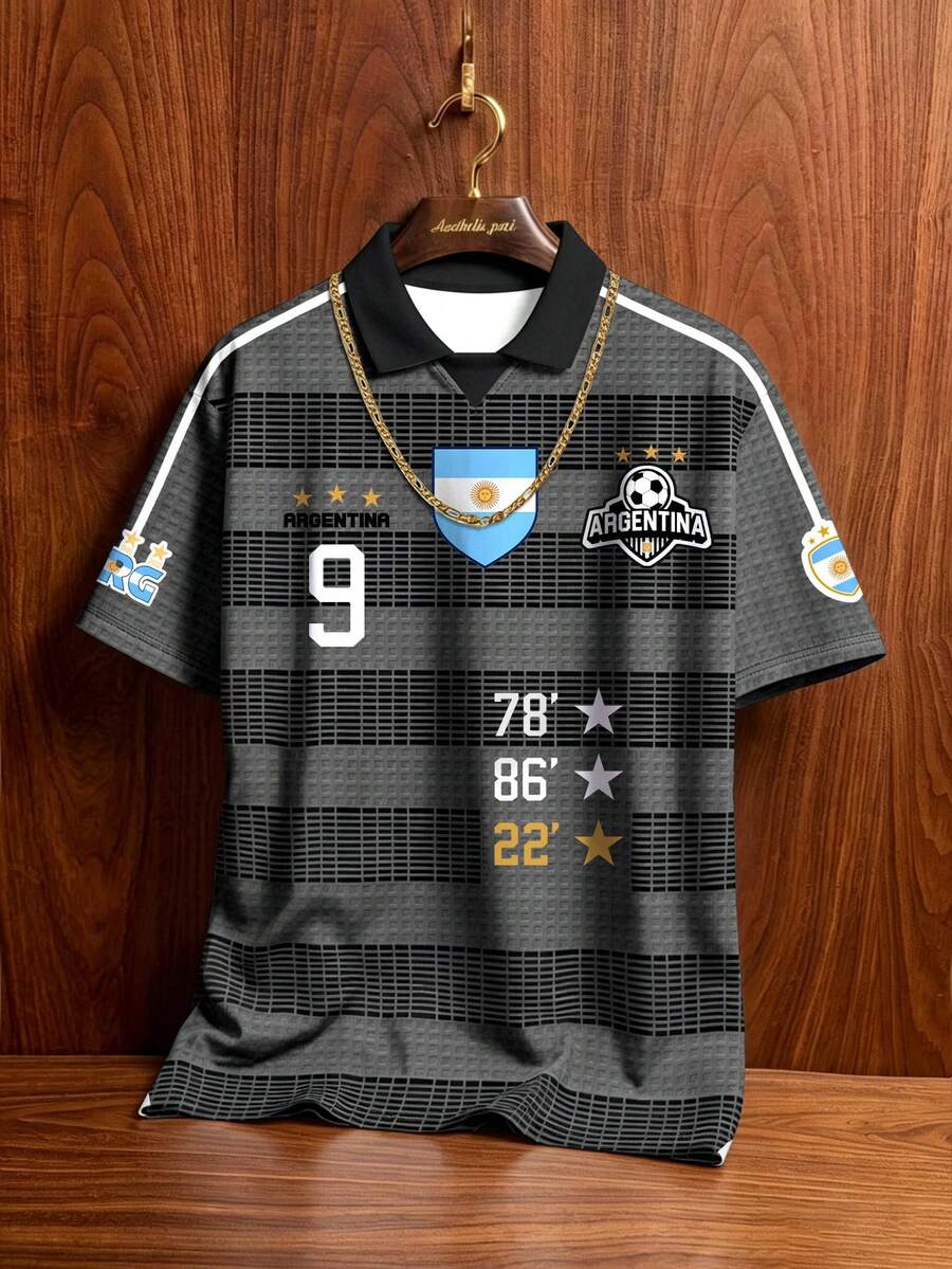 Aesthetic Post 男士復古運動風黑灰條紋拼接休閒 Polo 衫,阿根廷街頭風短袖上衣,翻領半袖球衣,男士圖案 T 恤,女士圖案 T 恤,夏季休閒襯衫,足球,足球用品 - 彩色 - 查看 1