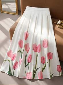 Modelyn Plus Size Women's Floral Print Pleated Design Elegant Skirt Vacation White Autumn Evening Tea Party - Multicolor - View 3