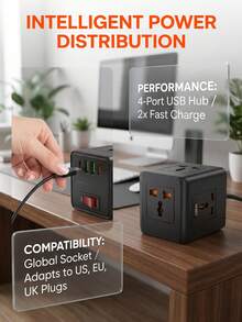 Teckwe 1pc Minimalist Black Cube Power Strip - Fire-Resistant PC Plastic With 3 AC Outlets & 4 USB Ports (2 Type-C + 2 USB-A), Fast Charging Desktop Charging Station, Overload Protection With Reset Switch, Space-Saving Compact Design - Black - View 2