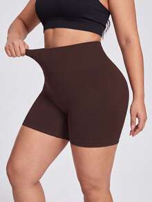 SHEIN Velisys 2 Peças Shorts Plus Size Preto & Marrom Escuro Tricotado Sem Costura Confortável Elástico Yoga Corrida Ciclismo Fitness Outdoor Cintura V Usável Novo Primavera Verão Outono Inverno - Preto - Visão 2