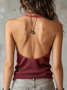 EMERY ROSE Top de punto halter de color liso casual y versátil para uso diario para mujer - Burdeos - Ver 2