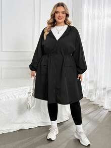 SHEIN CURVE+ جاكيت طويل أسود مقاس كبير، تصميم ضيق الخصر، خريف وشتاء، العودة إلى المدرسة، 2026 22W - الأسود - مشاهدة 5