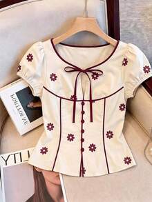 SHEIN Elenzya Damen-Bluse mit blauem kleinen Chrysanthemen-Muster, einfarbig mit Kontrastsaum, Puffärmeln, Kontrastfarbe, Schleife, Knöpfen, V-Ausschnitt, elegant, figurbetonend, tailliert, kurz, für den Sommer - Verschiedenfarbig - Übersicht 4