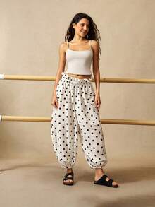 VARSIVA Pantalones de mujer con patrón de lunares, cintura con cordón y pierna entallada - Blanco y Negro - Ver 6