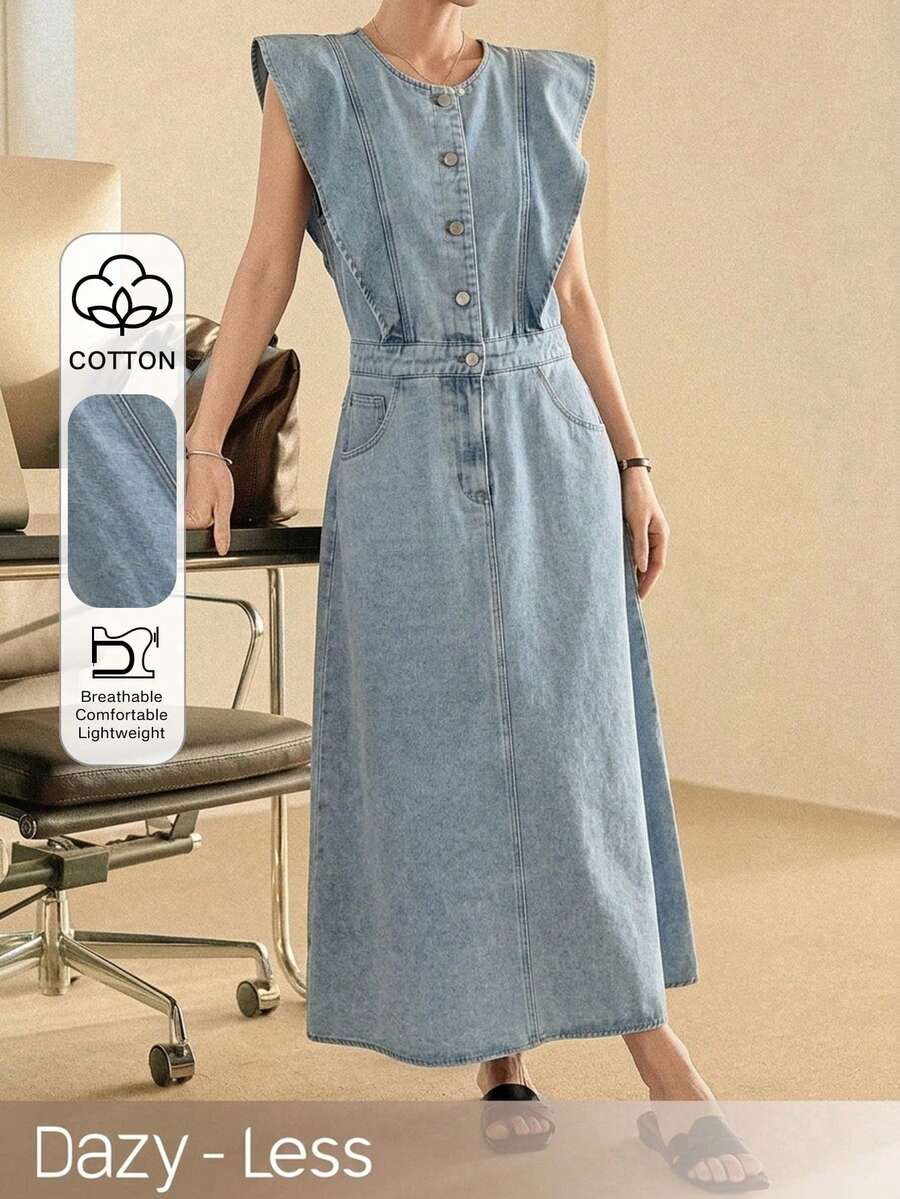 DAZY Spring Summer Women's Round Neck Button Half-Placket Pocket Casual Denim Dress - Blue - View 1