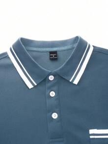 Calvornis 男士條紋短袖休閒口袋 Polo 衫 - 水鴨藍 - 查看 4