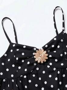 SHEIN 青少年女孩波點印花細肩帶金屬扣A字裙 - 黑與白 - 查看 7