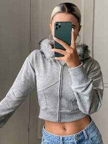 DAZY Women's Grey Hooded Zip-Up Long Sleeve Cropped Fitted Sweatshirt Jacket With Pom Pom Decor - Grey - View 3
