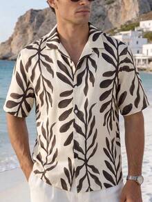 Manfinity Dauomo Men's Vacation Floral Print Short Sleeve Single-Breasted Shirt Holiday Vacation Black And White Leopard Print Summer Tropical - Apricot - View 2