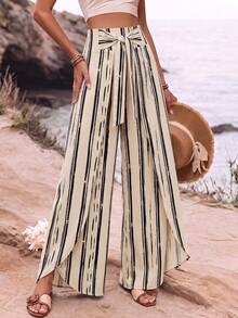 SHEIN Holidaya 女款時尚塗鴉條紋腰部休閒夏季度假居家日常穿著海灘外出時尚設計抽繩側開衩寬腿長褲 - 杏色 - 查看 4
