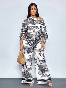 SOLERSUN Long Wide Leg White And Black Plants Pattern Boho Elegant Fabric Pants Vacation Autumn - Black - View 8