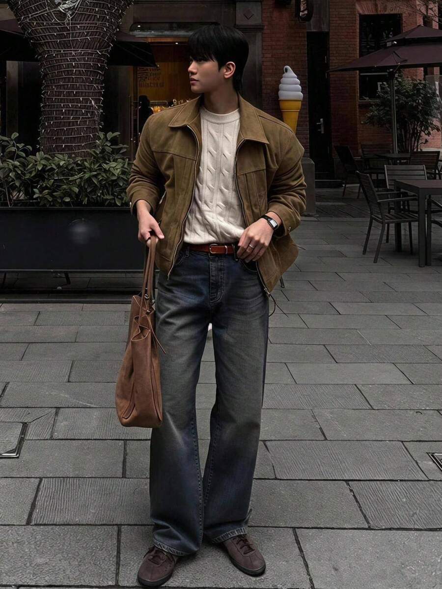 DAZY Autumn Solid Brown Suede Pleated Inner Lining Design Men's Jacket And Coat - Brown - View 1