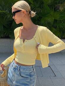 DAZY 2pcs/Set Women Cream-Colored Camisole And Cardigan Set, Spring/Autumn - Yellow - View 13