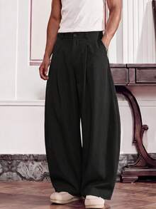 SWAVVY Men's Solid Color Pocket Button Pleated Casual Versatile Daily Travel Long Pants - Black - View 3