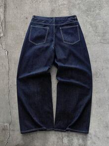 AXEPEAK Setelan Jaket Pria Lengan Panjang Berlipit dengan Kancing Depan dan Celana Jeans Longgar Berbahan Denim dengan Kancing Depan - Biru - View 9