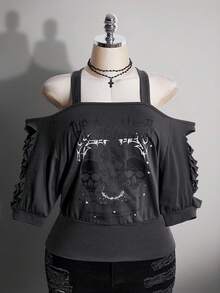 SHEIN ICON 大尺碼女款字母骷髏印花休閒百搭日常穿搭T恤 - 深灰色 - 查看 3