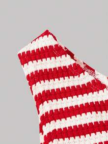 SHEIN MOD Plus Size Women's Red And White Asymmetrical Shoulder Ribbed Knit Top With Tie Cuffs, Summer, Brunch, Casual Sexy, Elegant, Formal, Vacation - Red and White - View 6