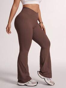 Velisys Velisys 2pcs Plus Size Flare Pants Black & Dark Brown Knit Seamless Crossover Waist Sexy New Style Suitable For Spring Summer Autumn Winter Outdoor Wear - Multicolor - View 6