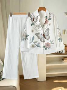 SHEIN 青少年女孩蝴蝶圖案長袖上衣與長褲休閒套裝 - 白色 - 查看 1