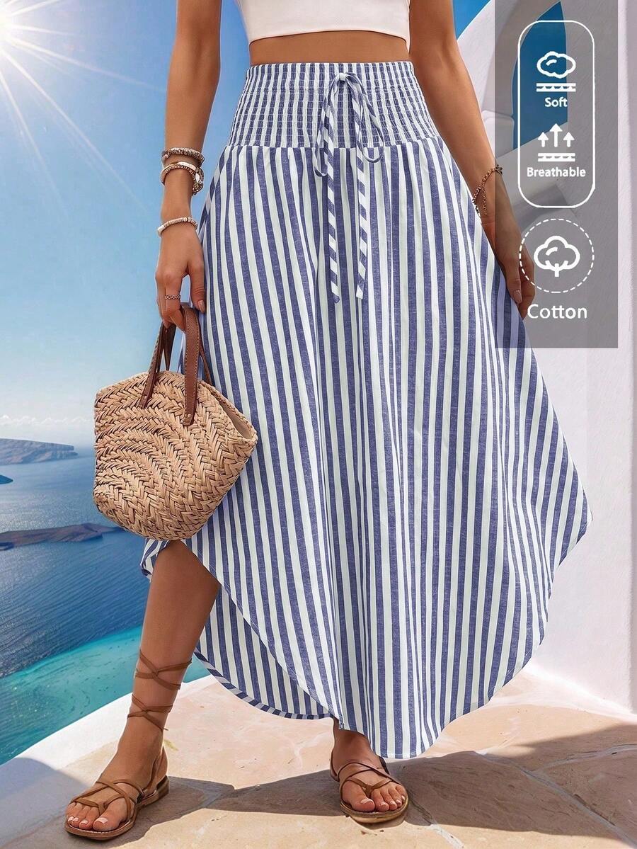 Wandoria Holiday Random Paisley Print Curved Hem Skirt Maxi Vacation Beach Outfits Women Blue And White Stripe Summer Sexy Hawaiian - Royal Blue - View 1