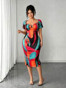 SHEIN Clasi Plus Size Women's Sweetheart Neckline All-Over Print Short Sleeve Fitted Elegant Sexy Dress, Suitable For Casual Party Cocktail Date Night Summer Red - Multicolor - View 3