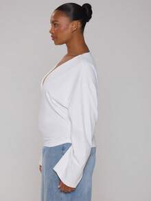 MUSERA Curve White Cotton Button Down High Neck Detail Top - Purple - View 3