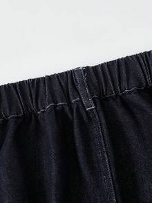 SHEIN 女童秋季棉質水洗深藍色牛仔長褲，時尚休閒百搭，舒適柔軟，鬆弛設計，鬆款版型，鬆緊腰 - 藍色 - 查看 5