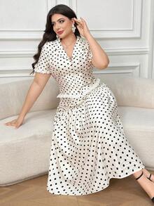 Dazy Plus Polka Dot Cardigan Lace Trim Patchwork Blazer Style Short Sleeve Top & Straight Skirt 2pcs Set, Elegant Commute Plus Size Women Summer - White - View 1